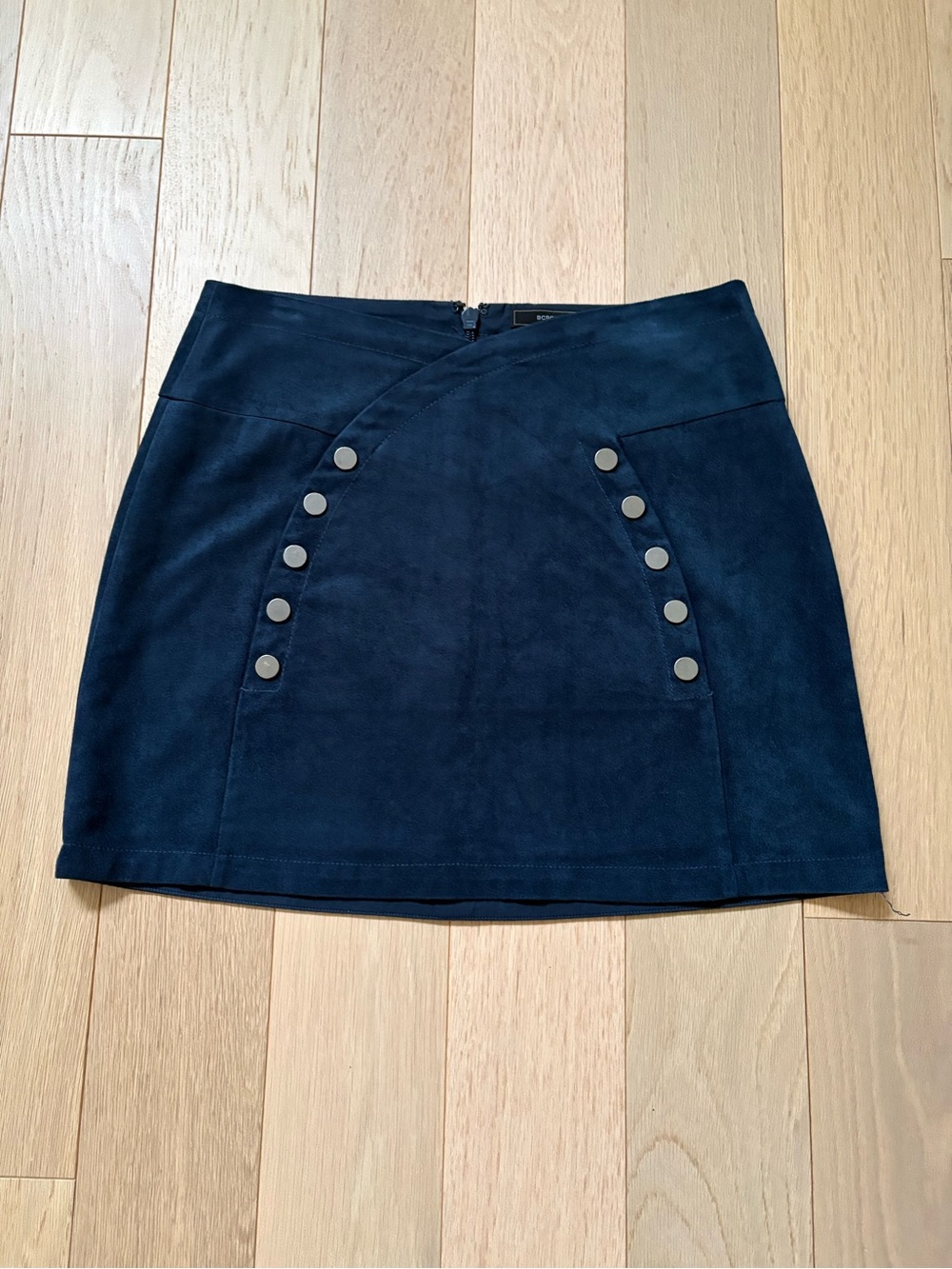BCBGMaxAzria Navy Faux-Suede Mini Skirt with Snap Details